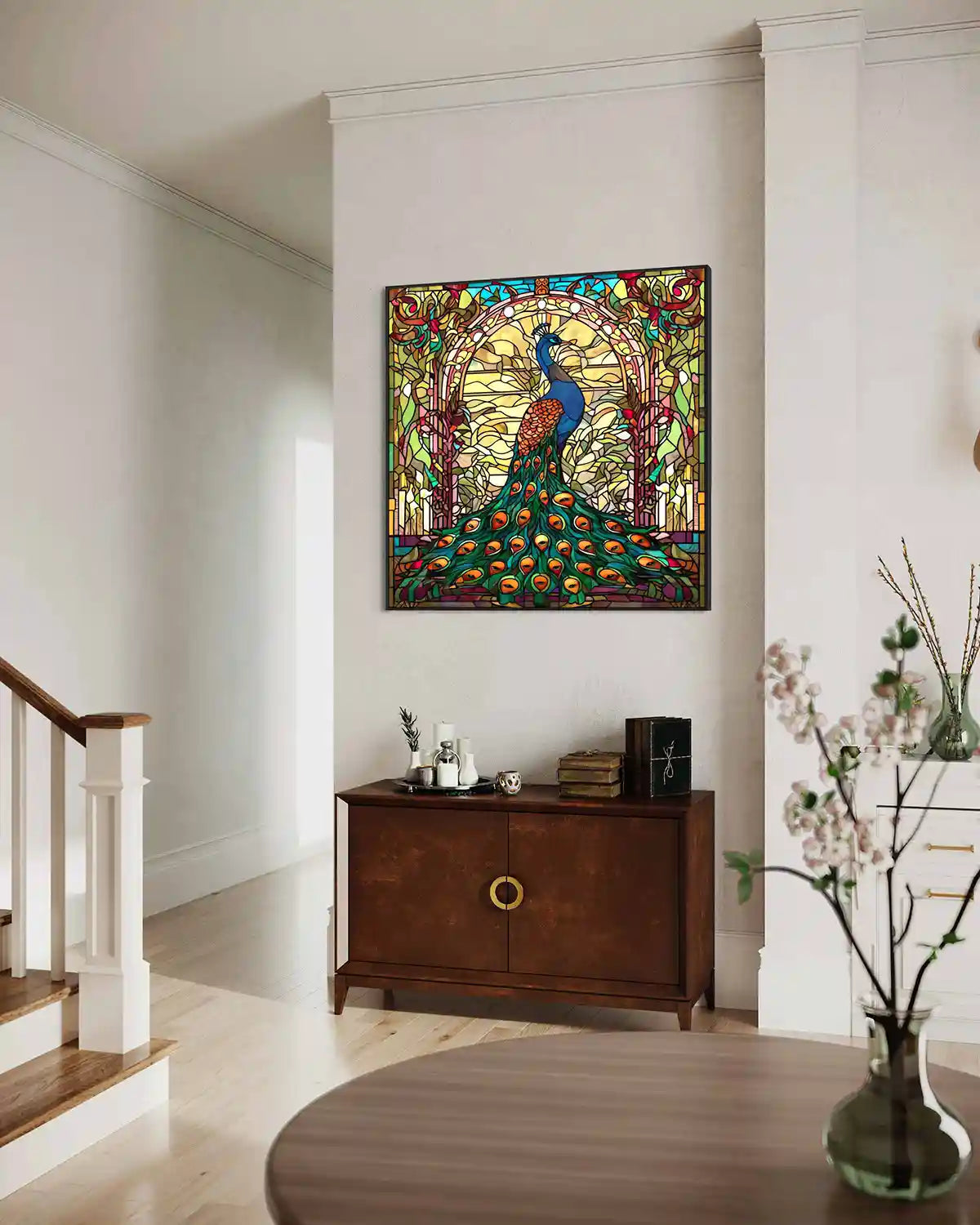 Peacock 1 digital art print displayed on oversized wall art in a modern staircase hall, side view. A vibrant stained glass peacock design, perfect for home decor and contemporary art collections.