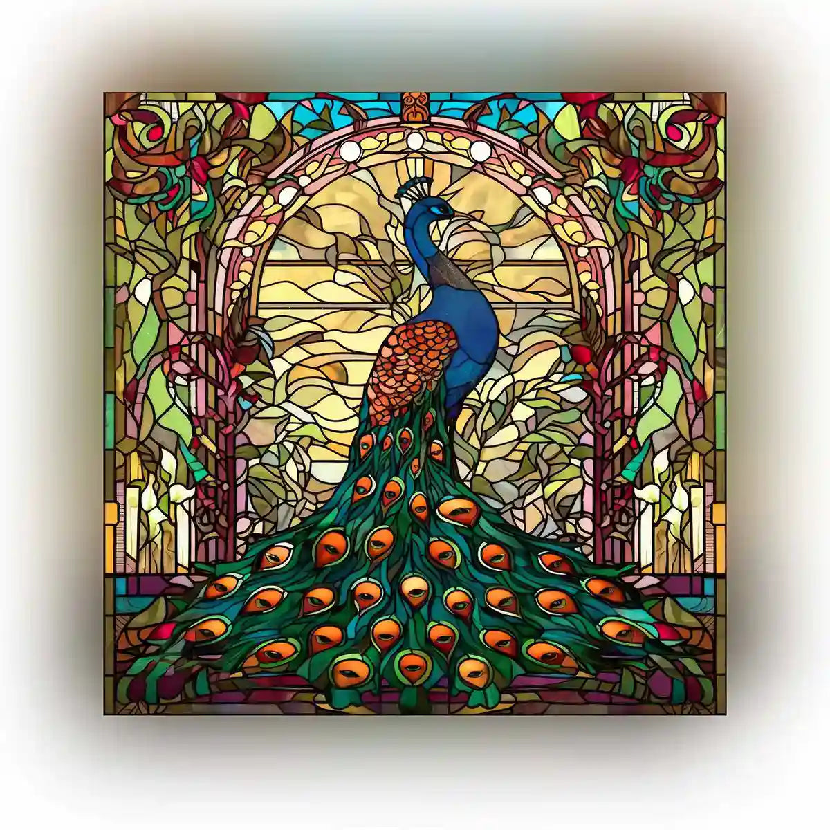 Featured image of Peacock digital art showcasing a stained glass depiction of a vibrant peacock with intricate details and rich colors.