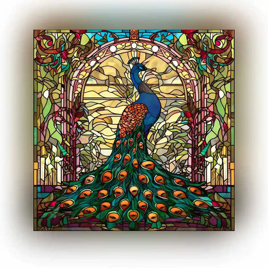 Featured image of Peacock digital art showcasing a stained glass depiction of a vibrant peacock with intricate details and rich colors.