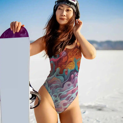 Ray digital art print on a swimsuit featuring a happy woman holding a snowboard with vibrant coral reef contemporary art