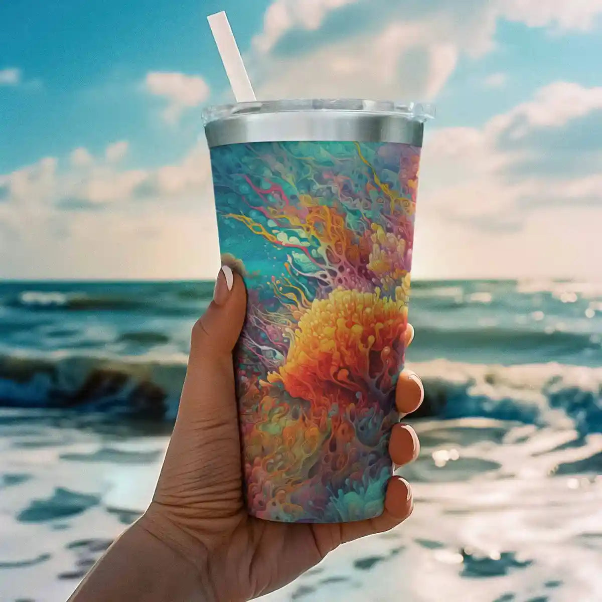 Tumbler featuring Ray digital art print held by woman at the beach.