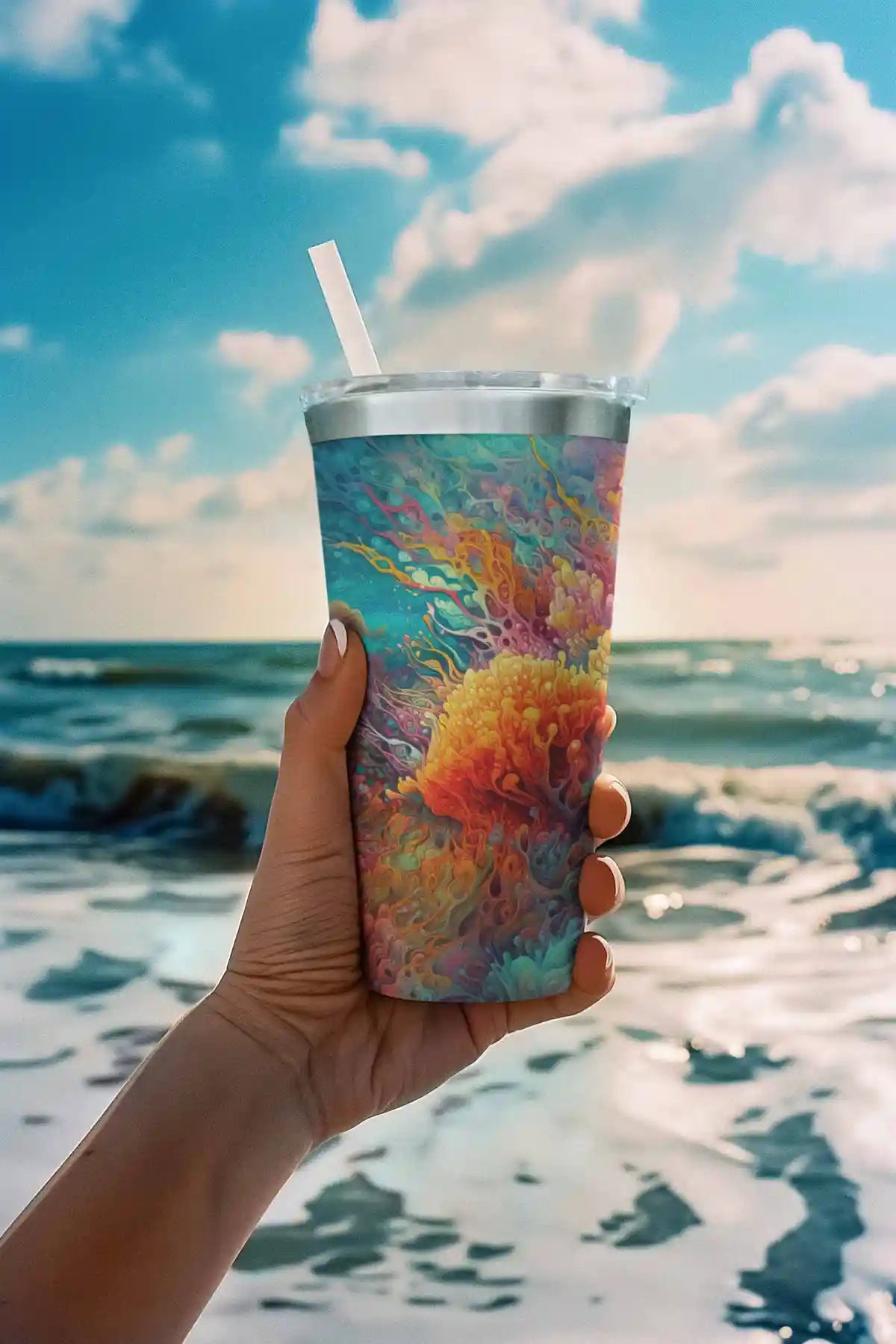 Ray digital art print on a tumbler featuring a woman at the beach with vibrant coral reef design.