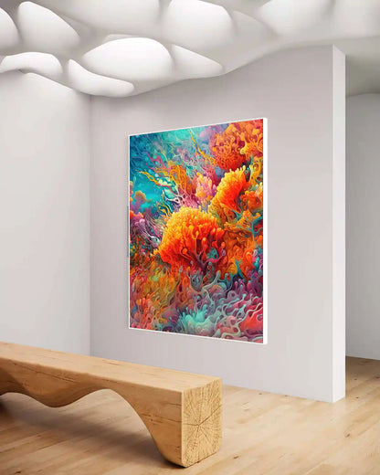 Ray digital art print on oversized wall art in a modern gallery, side view showcasing vibrant underwater coral reef with intricate details.
