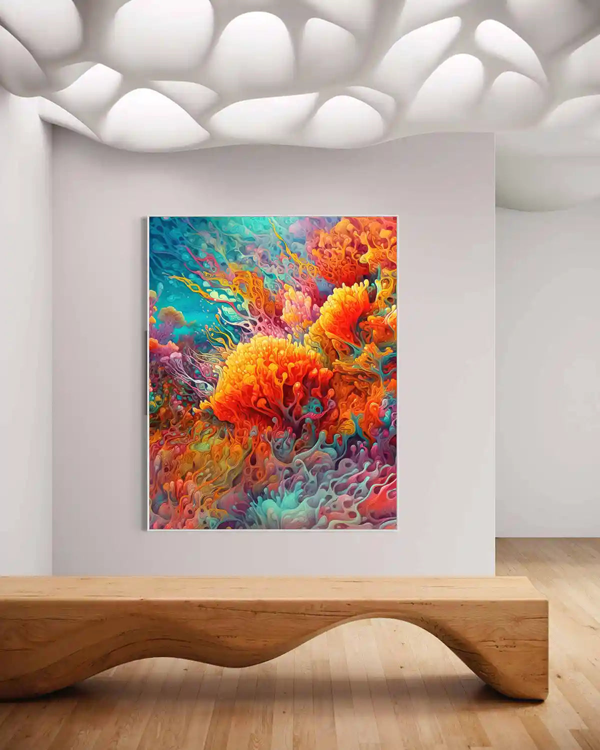 Ray digital art print on oversized wall art in a modern gallery, featuring vibrant underwater coral reef with vivid colors and intricate details 