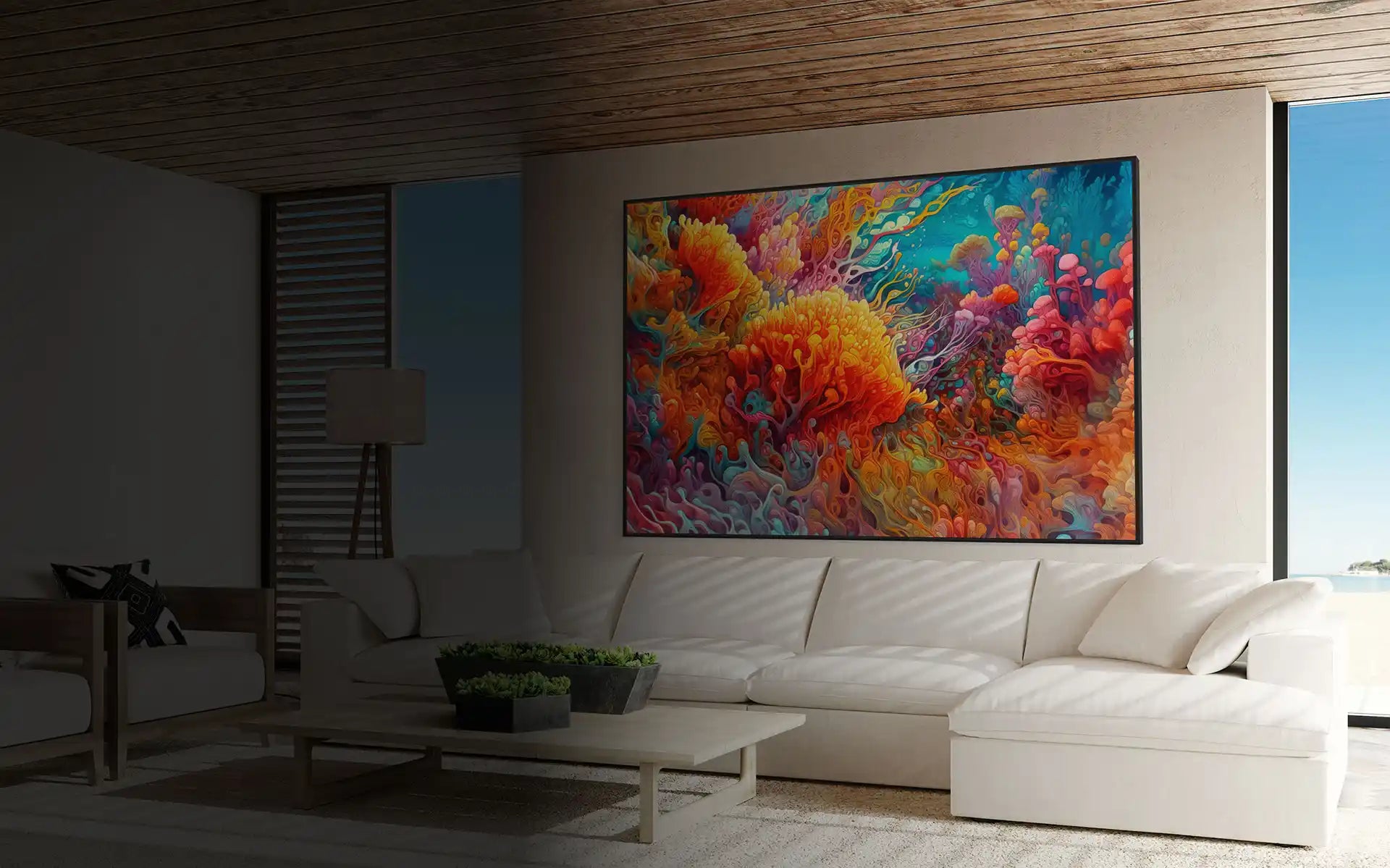 Ray digital art print as oversized panoramic wall art in modern beach house living room.