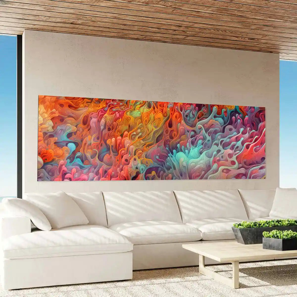 Ray digital art print on oversized wall art in a panoramic beach house living room, side view, featuring vibrant underwater coral reef with vivid colors.