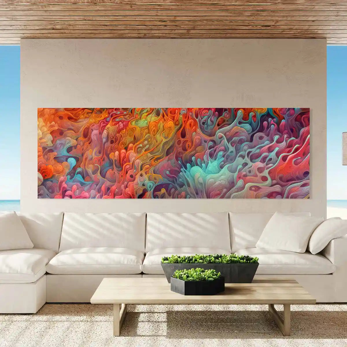 Ray digital art print on oversized wall art in a panoramic beach house living room, featuring vibrant underwater coral reef with vivid colors.