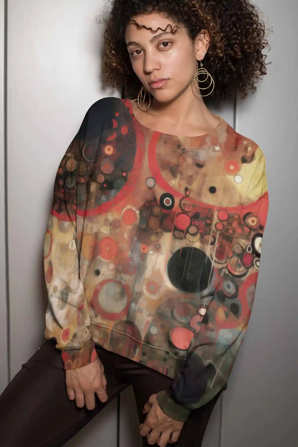 Sacred Serenade digital art print on a crewneck sweatshirt featuring a serious woman.