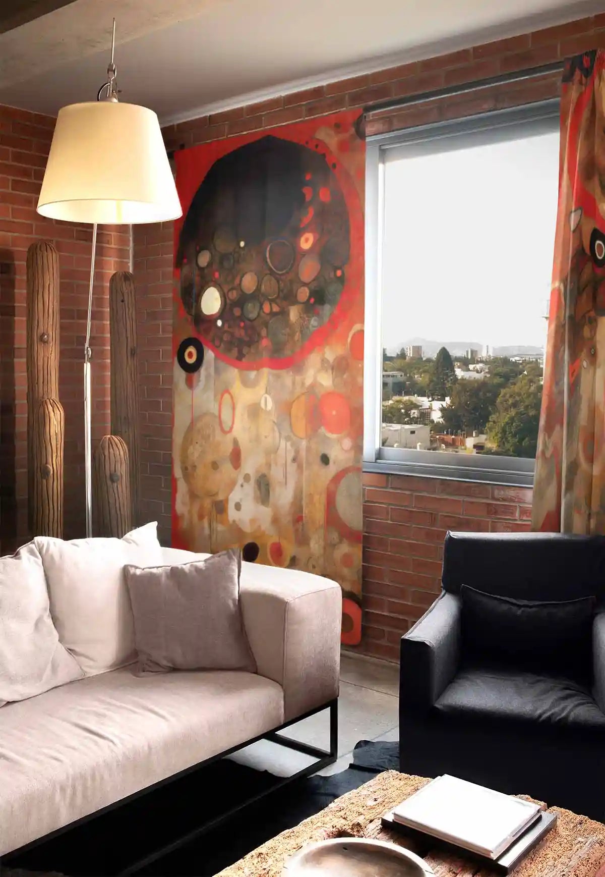 Sacred Serenade digital art print on a curtain in a room with a brick wall.