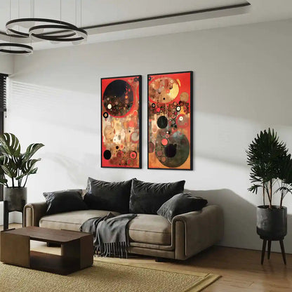 Sacred Serenade digital art print on oversized diptych wall art in a contemporary living room with a sofa, side view.