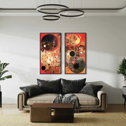 Sacred Serenade digital art print on oversized diptych wall art in a contemporary living room with a sofa.
