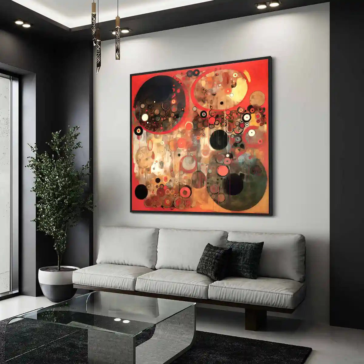 Sacred Serenade digital art print on oversized wall art in a contemporary living room, side view.