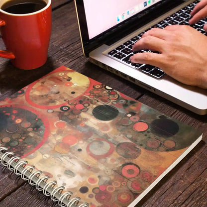 Sacred Serenade digital art print on a spiral school notebook lying near a laptop and a coffee mug.