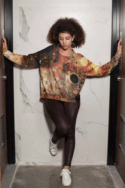Sacred Serenade digital art print on a sublimated sweatshirt featuring a woman standing between two doors.