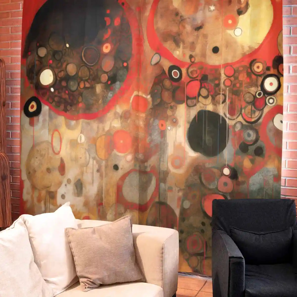 Sacred Serenade digital art print on two curtains hanging in a rustic-style living room.