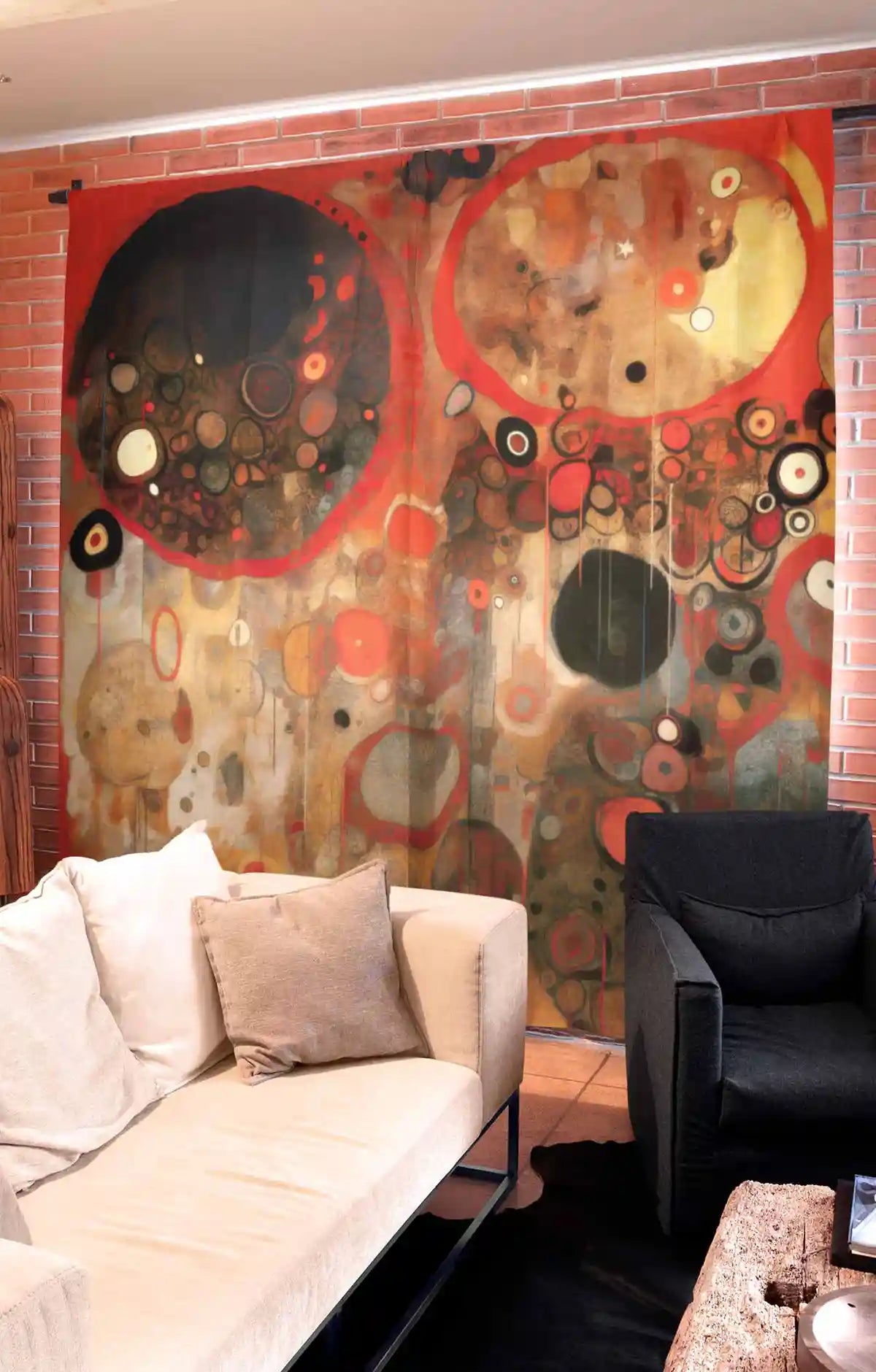 Sacred Serenade digital art print on two curtains hanging in a rustic-style living room.