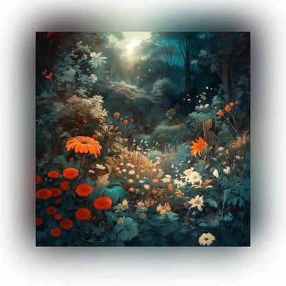 Silent Grove digital art featuring a serene forest scene with vibrant flowers and gentle light.