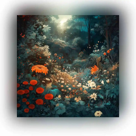 Silent Grove digital art featuring a serene forest scene with vibrant flowers and gentle light.