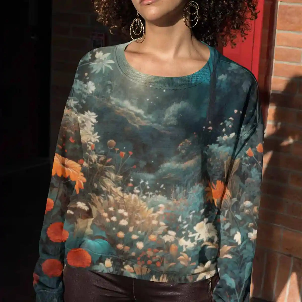 Woman with closed eyes wearing sweatshirt featuring Silent Grove digital art print.