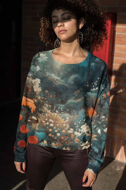 Silent Grove digital art print on a sublimated sweatshirt featuring a woman with closed eyes, displaying a serene forest scene with vibrant flowers, blending contemporary art with tranquility.