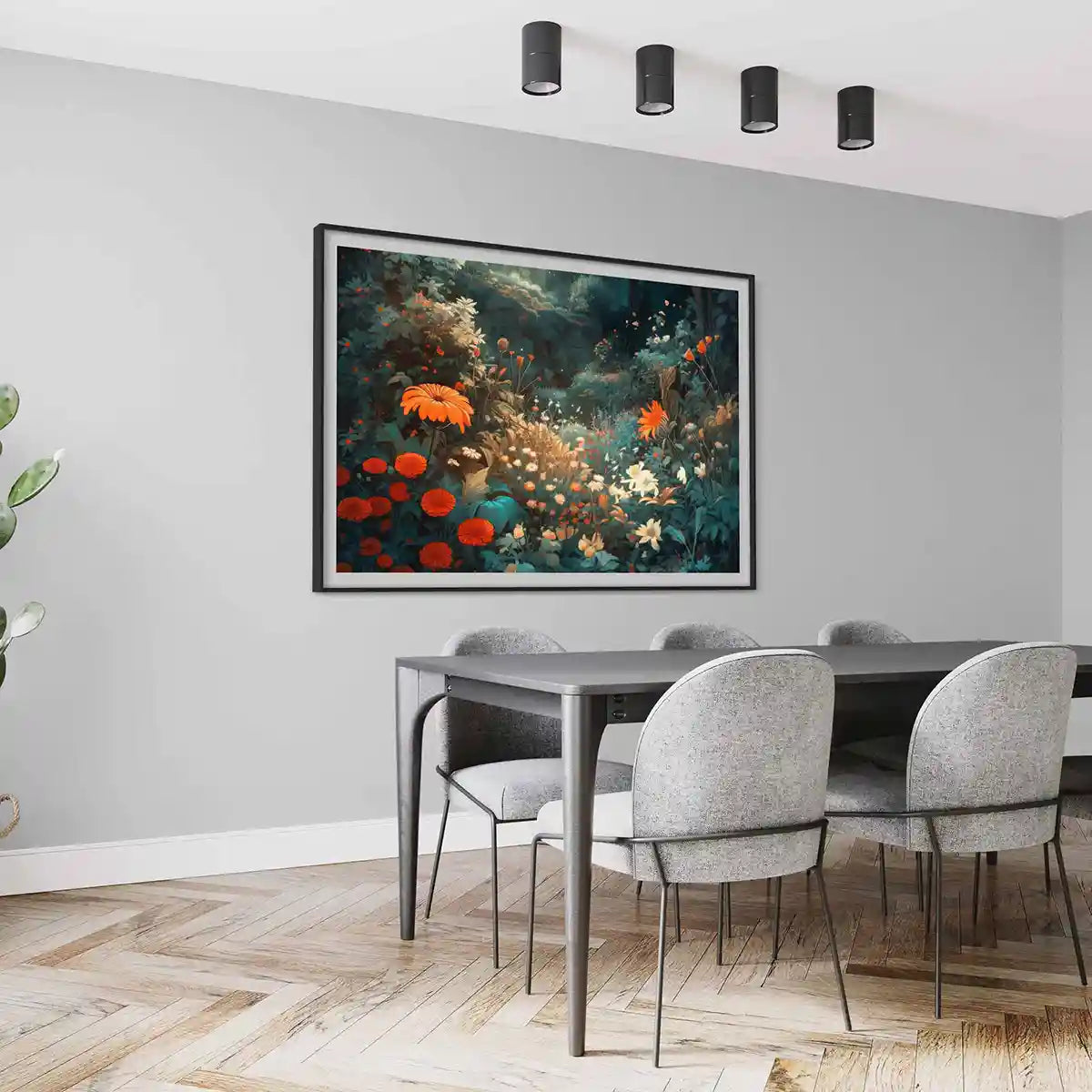 Silent Grove digital art print on oversized wall art in an elegant dining room, side view. Perfect for modern home decor, featuring a serene forest scene and capturing the beauty of contemporary art.