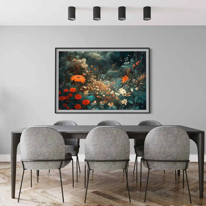 Silent Grove digital art print on oversized wall art in an elegant dining room home design, showcasing a serene forest scene.