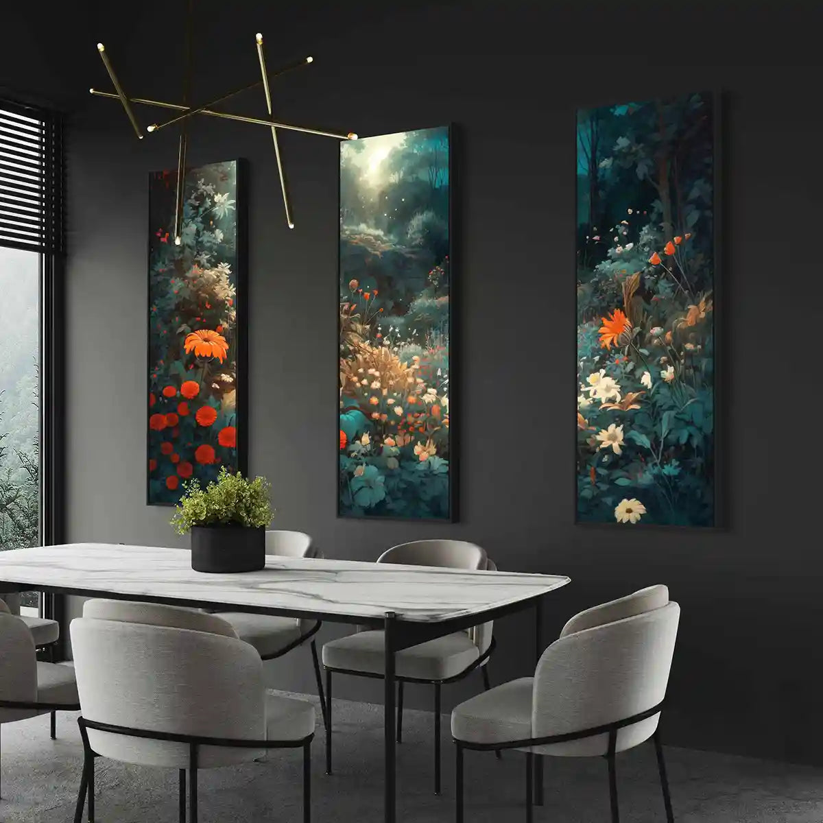 Silent Grove digital art print on oversized triptych wall art in an elegant dining room, side view, featuring a serene forest scene with vibrant flowers. Blending contemporary art with home design for a peaceful ambiance.