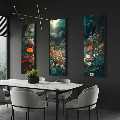 Silent Grove digital art print on oversized triptych wall art in an elegant dining room, side view, featuring a serene forest scene with vibrant flowers. Blending contemporary art with home design for a peaceful ambiance.