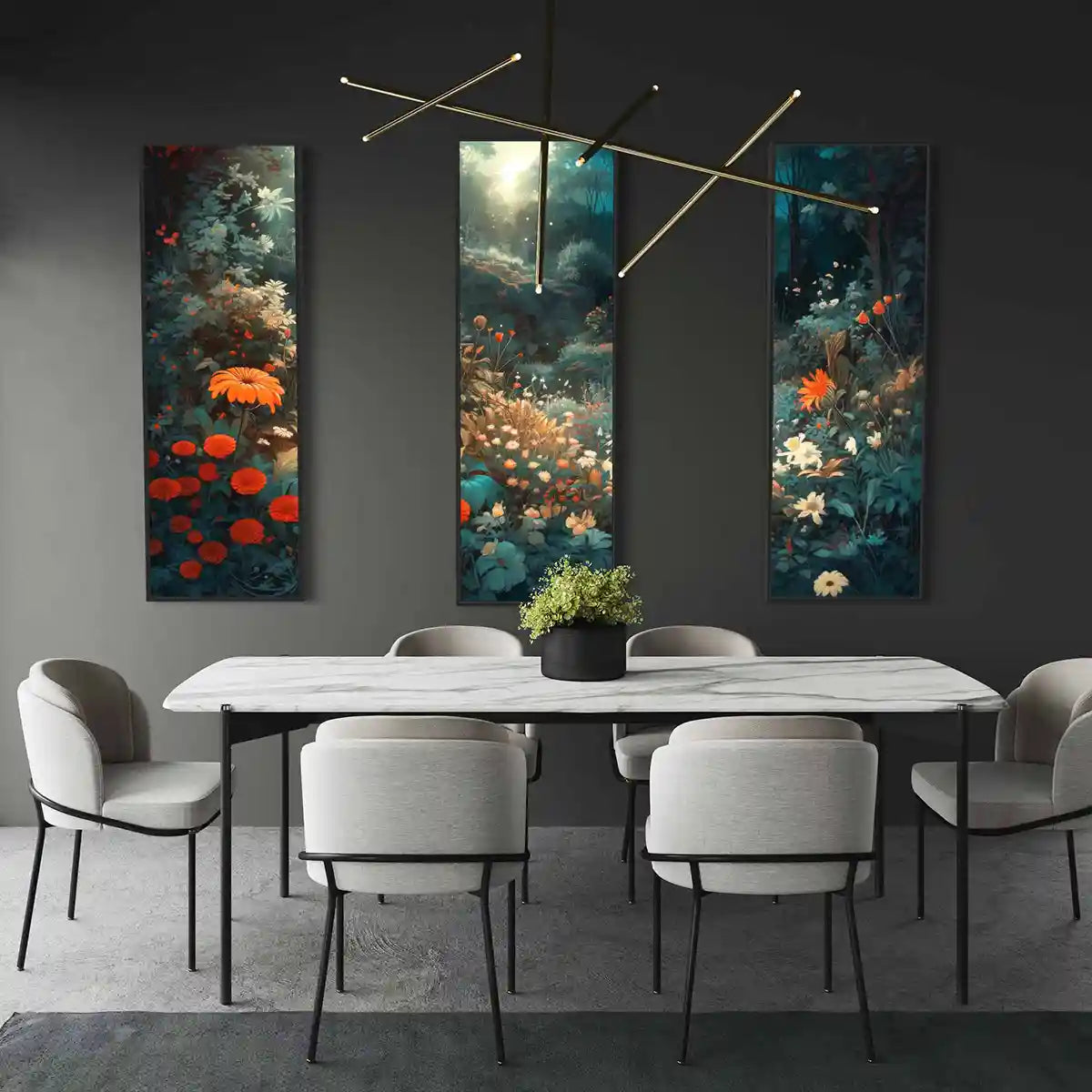 Silent Grove digital art print on oversized triptych wall art in an elegant dining room, showcasing a serene forest scene with vibrant flowers. A perfect blend of contemporary art and home design.