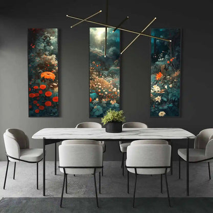 Silent Grove digital art print on oversized triptych wall art in an elegant dining room, showcasing a serene forest scene with vibrant flowers. A perfect blend of contemporary art and home design.