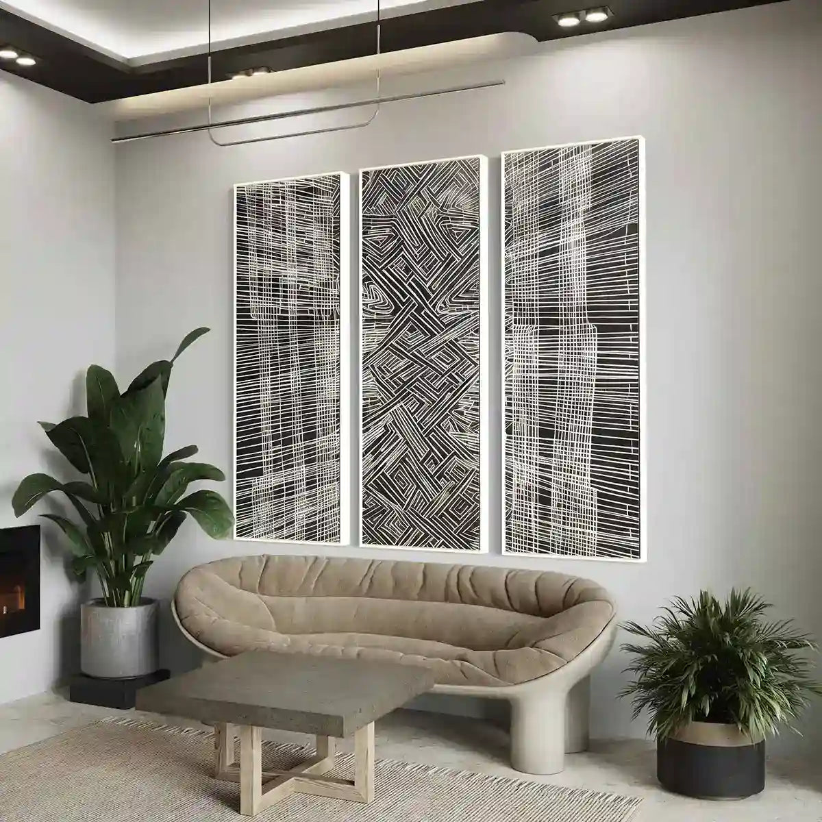 Soulprint digital art print on oversized triptych wall art in a contemporary living room, side view, featuring intricate geometric patterns and abstract art elements, enhancing modern interiors.
