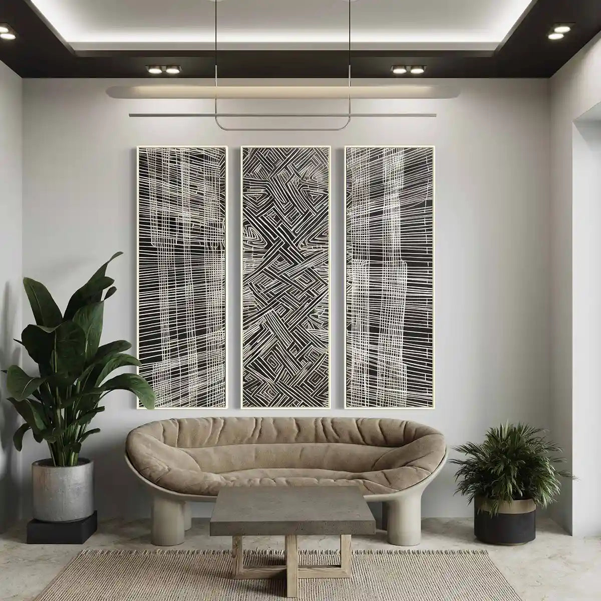 Soulprint digital art print on oversized triptych wall art in a contemporary living room, featuring intricate geometric patterns and abstract art elements, enhancing modern interiors.