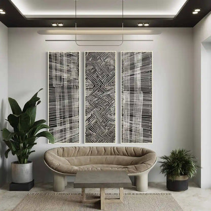Soulprint digital art print on oversized triptych wall art in a contemporary living room, featuring intricate geometric patterns and abstract art elements, enhancing modern interiors.