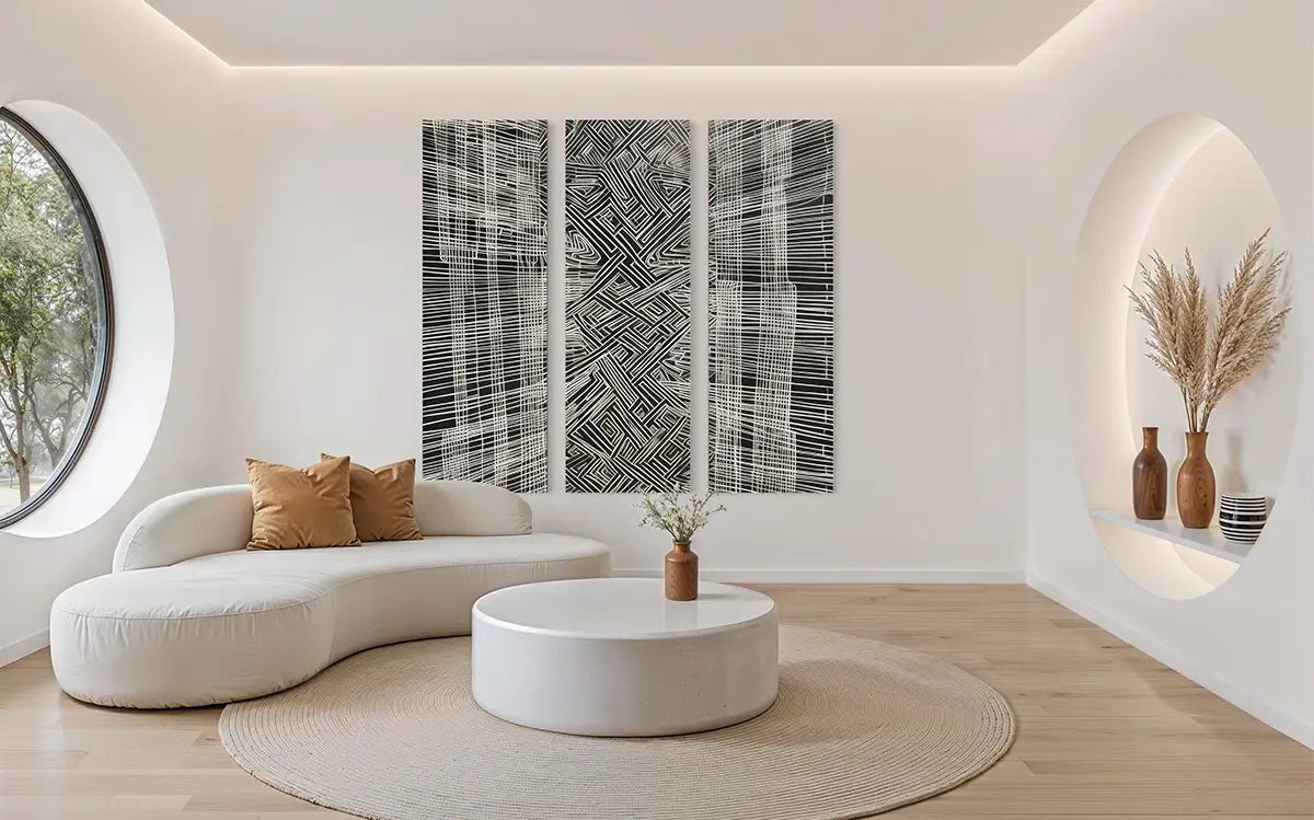 Soulprint digital art print displayed as oversized triptych wall art in a modern living room interior