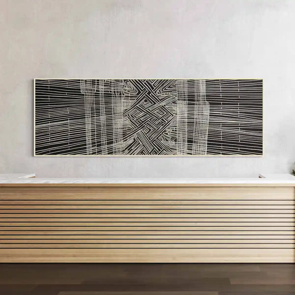Soulprint digital art print on oversized wall art in a minimal lobby, frontal view, showcasing intricate geometric patterns and abstract art elements, adding a refined touch to contemporary interiors.