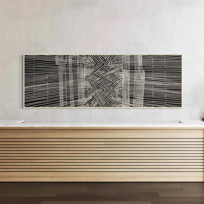 Soulprint digital art print on oversized wall art in a minimal lobby, frontal view, showcasing intricate geometric patterns and abstract art elements, adding a refined touch to contemporary interiors.