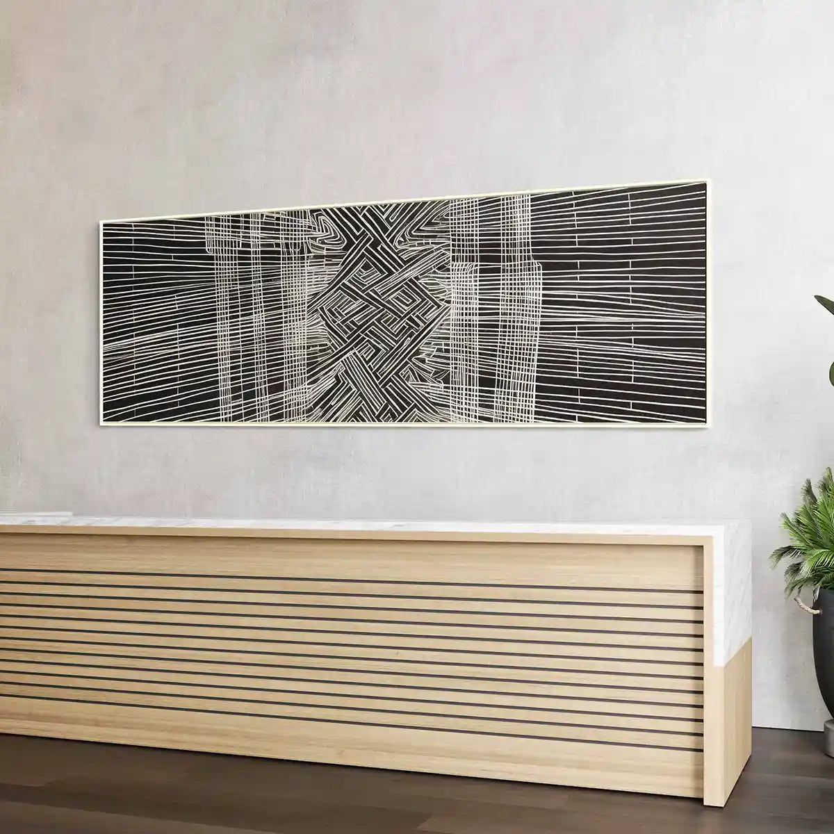 Soulprint digital art print on oversized wall art in a minimal lobby, side view, featuring geometric patterns and abstract art elements, enhancing the space with a touch of sophistication.