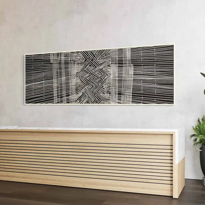 Soulprint digital art print on oversized wall art in a minimal lobby, side view, featuring geometric patterns and abstract art elements, enhancing the space with a touch of sophistication.
