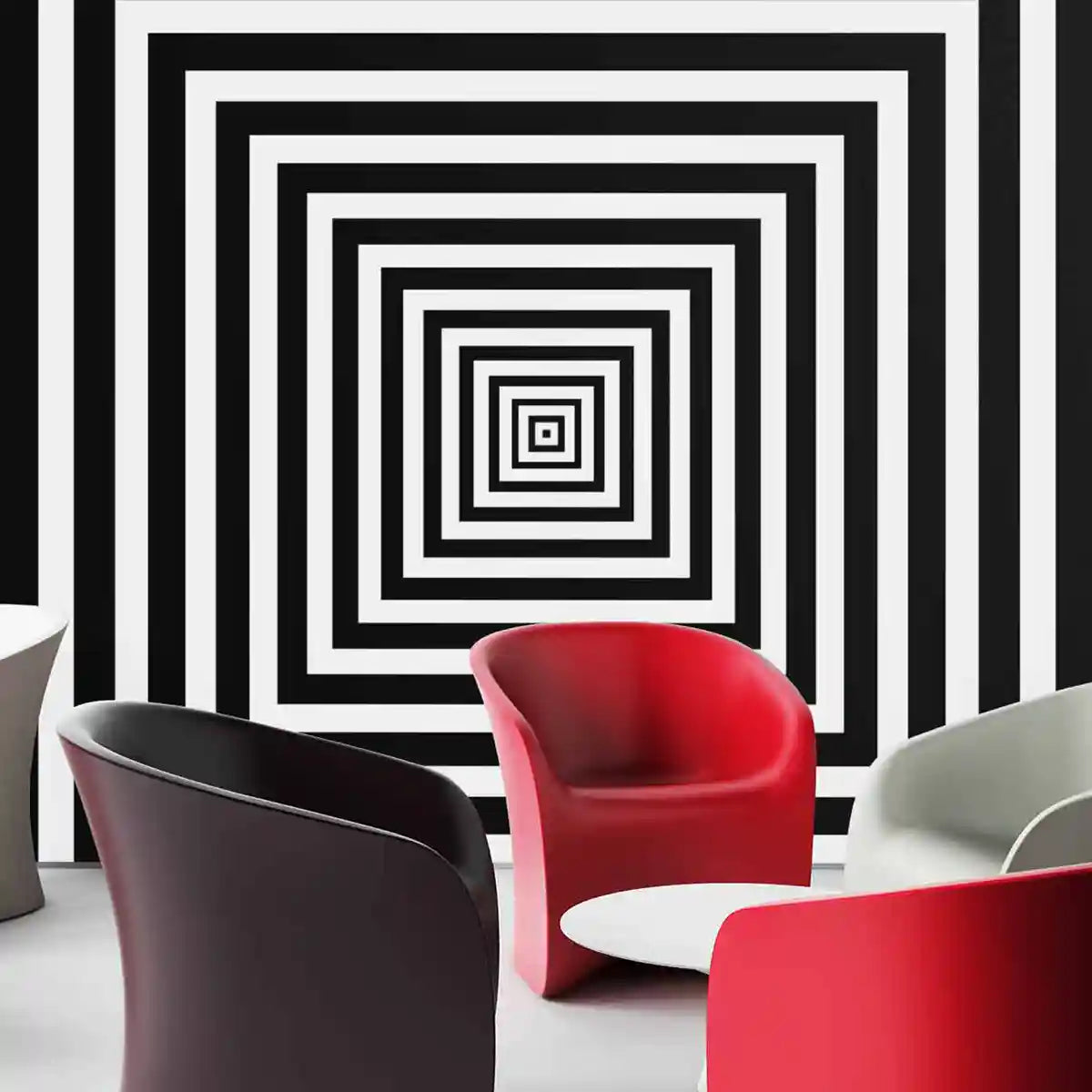 Squares digital art print on a wall of a modern room, featuring bold concentric black-and-white squares, creating a striking minimalist design that enhances contemporary home decor.