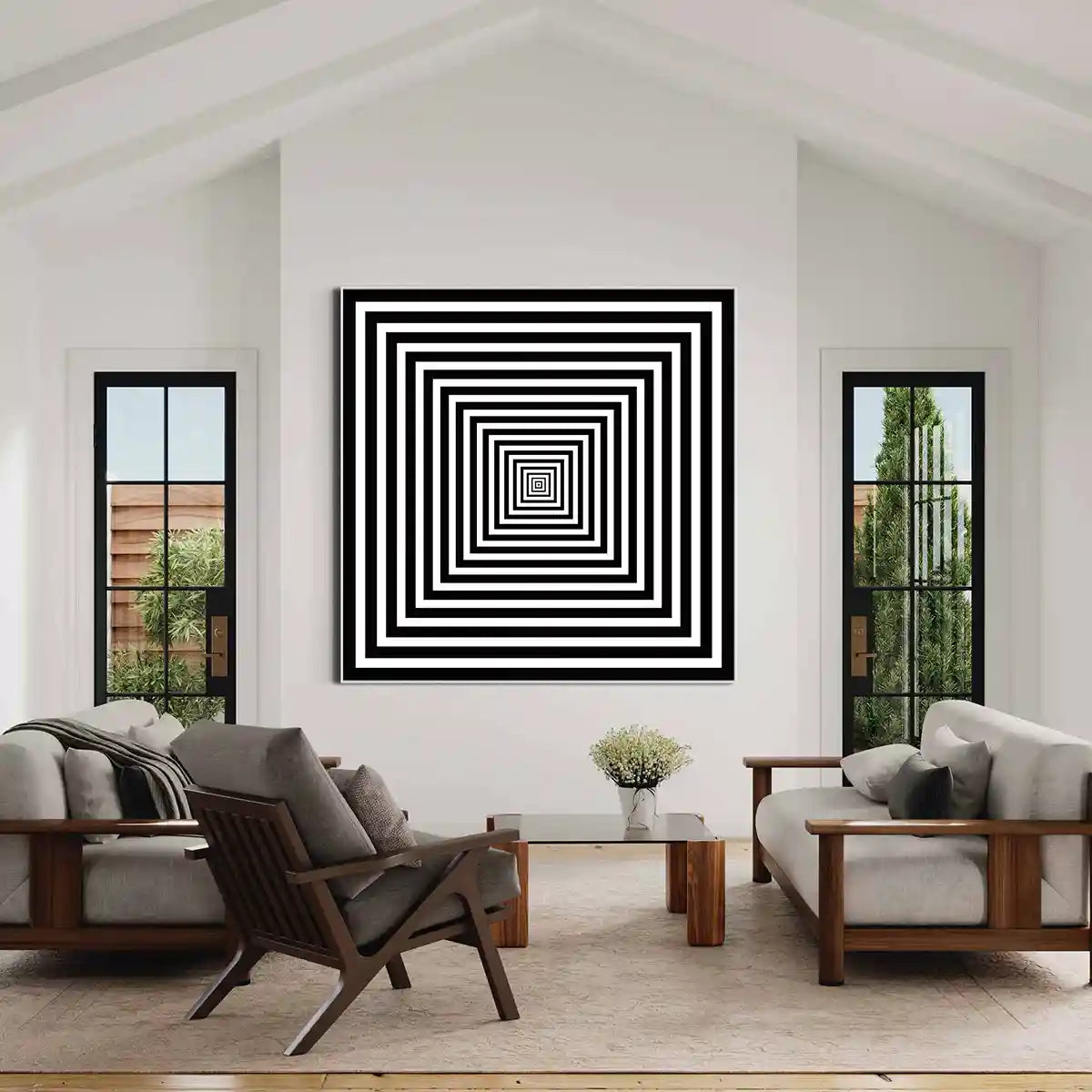Squares digital art print on oversized wall art in a contemporary living room, featuring concentric black-and-white squares, adding bold abstraction to the space.