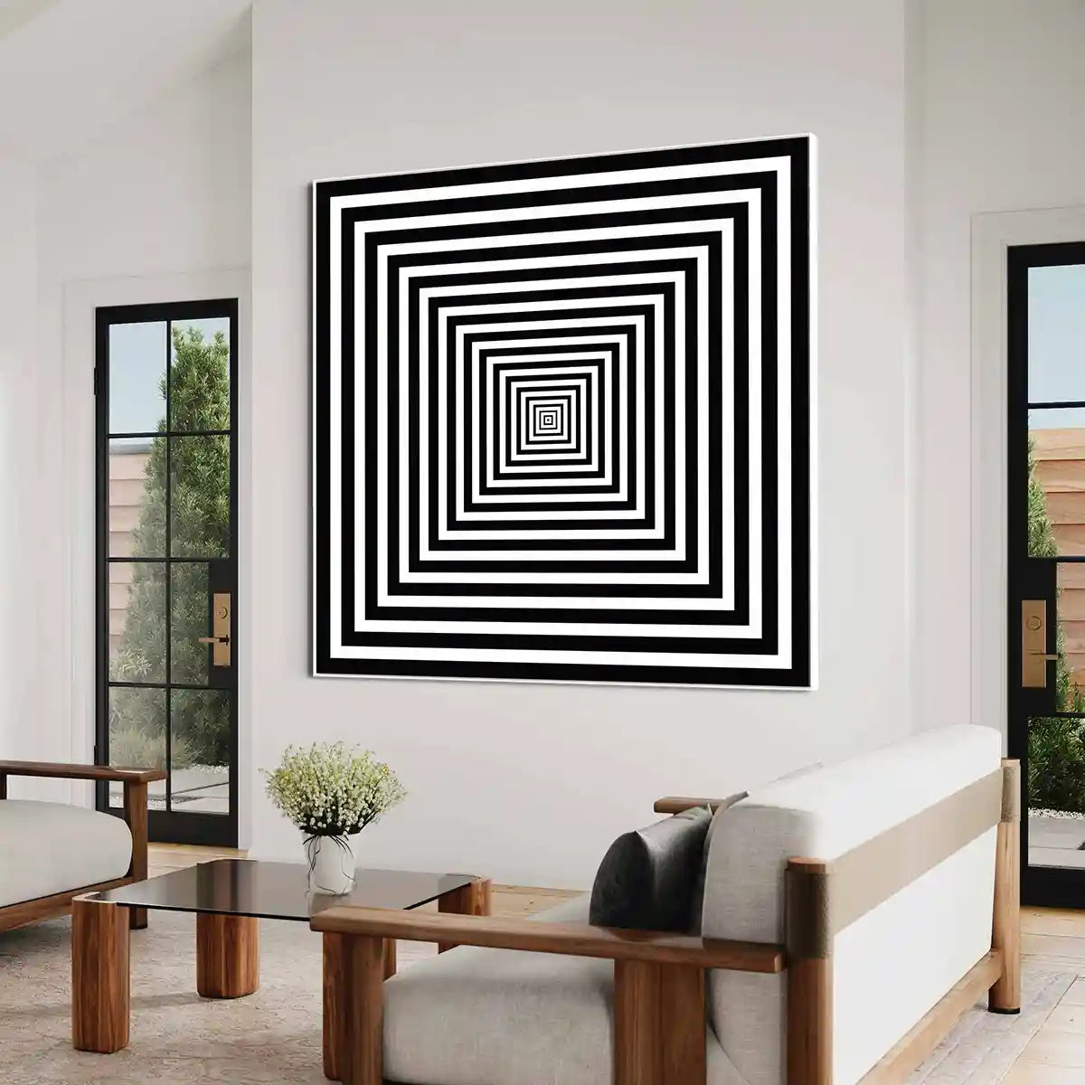Squares digital art print on oversized wall art in a contemporary living room, showcasing bold concentric squares with striking black-and-white contrast, enhancing the modern space.
