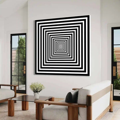 Squares digital art print on oversized wall art in a contemporary living room, showcasing bold concentric squares with striking black-and-white contrast, enhancing the modern space.