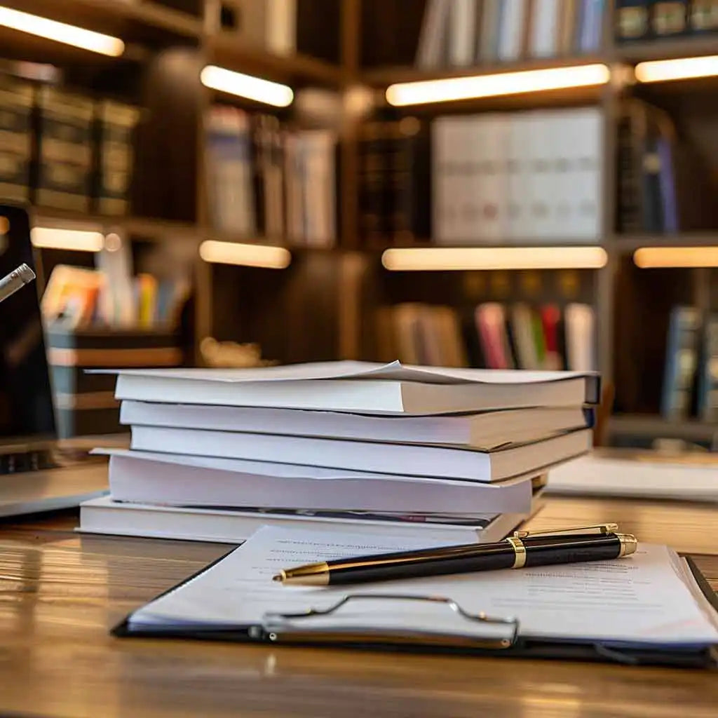 Stack of documents on a desk with a pen, representing licensing paperwork.