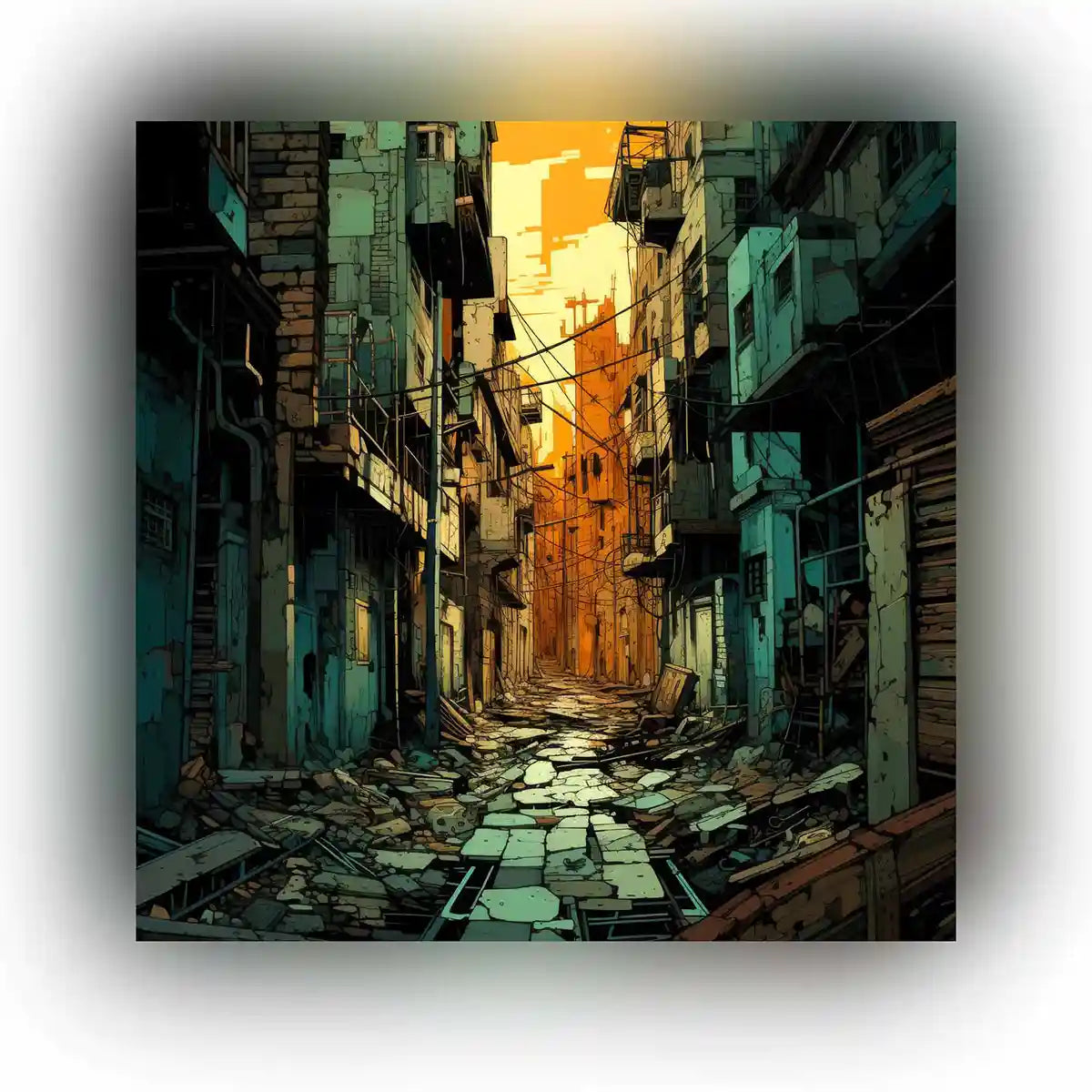 Street Shadows digital art featured image showcasing an abandoned urban alley bathed in warm sunset light, highlighting the contrast of decay and beauty in a contemporary art style.