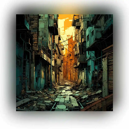 Street Shadows digital art featured image showcasing an abandoned urban alley bathed in warm sunset light, highlighting the contrast of decay and beauty in a contemporary art style.
