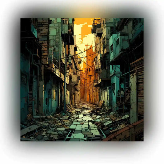 Street Shadows digital art featured image showcasing an abandoned urban alley bathed in warm sunset light, highlighting the contrast of decay and beauty in a contemporary art style.