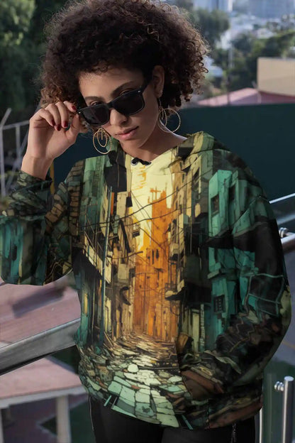 Street Shadows digital art print on a sublimated hoodie, featuring a cool woman wearing sunglasses, blending urban aesthetics with contemporary art.