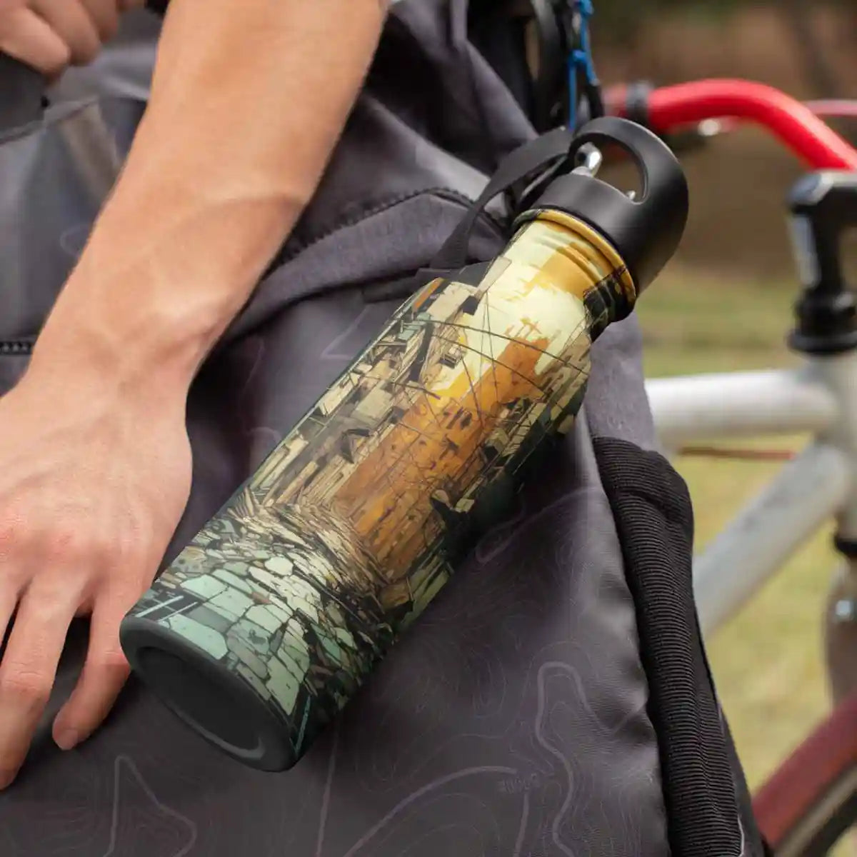 Street Shadows digital art print on an aluminum water bottle, featuring a man outdoors, adding an urban abstract art touch