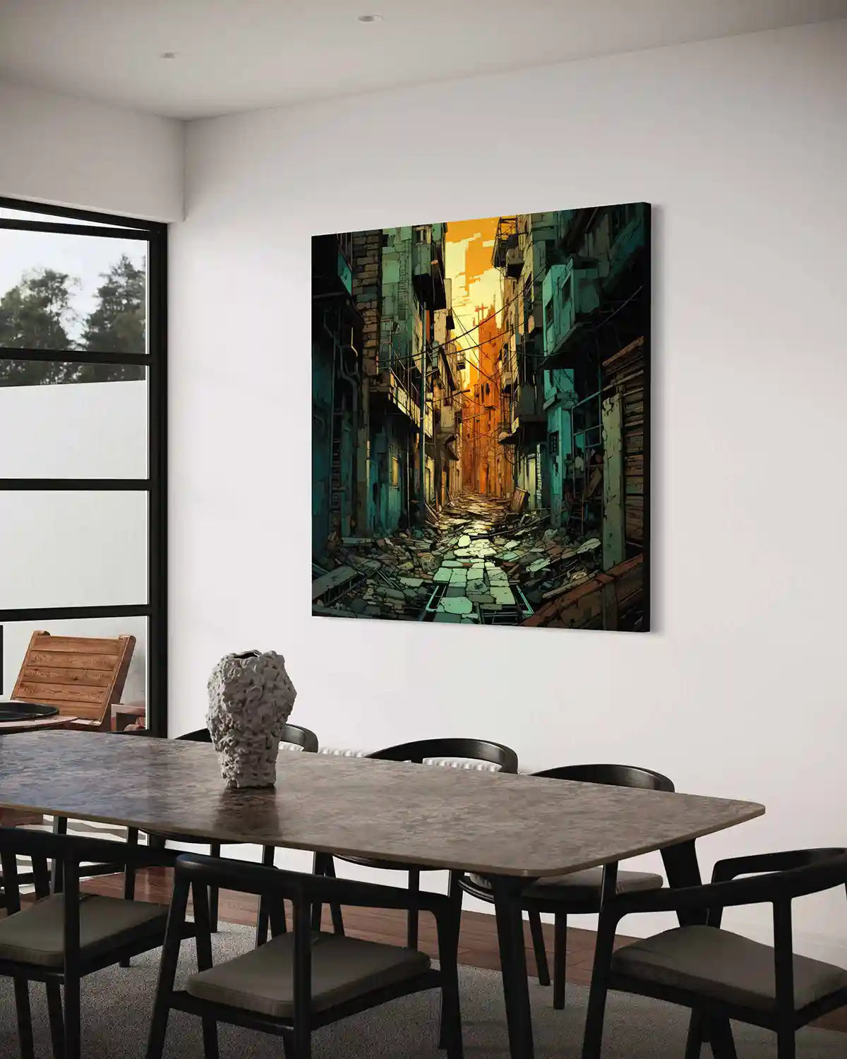 Street Shadows digital art print on oversized wall art in a contemporary dining room, side view, featuring an abandoned urban alley with dramatic lighting, blending abstract art and home design