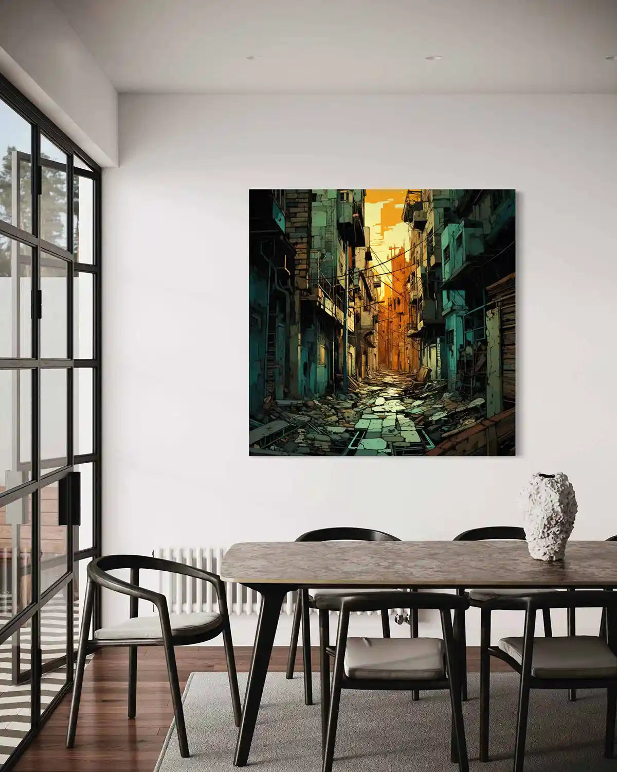 Street Shadows digital art print on oversized wall art in a contemporary dining room, featuring an abandoned urban alley with dramatic lighting, capturing the essence of modern home decor